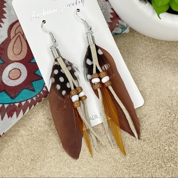 3/$15 Bohemian Leather & Feather Dangle Earrings - Picture 2 of 5